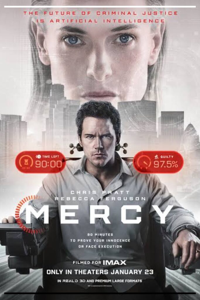 Pôster de Mercy com Chris Pratt sentado diante de indicadores vermelhos que mostram 90 minutos restantes e 97,5% de probabilidade de culpa, enquanto o rosto de Rebecca Ferguson aparece acima dele como representação da juíza artificial.