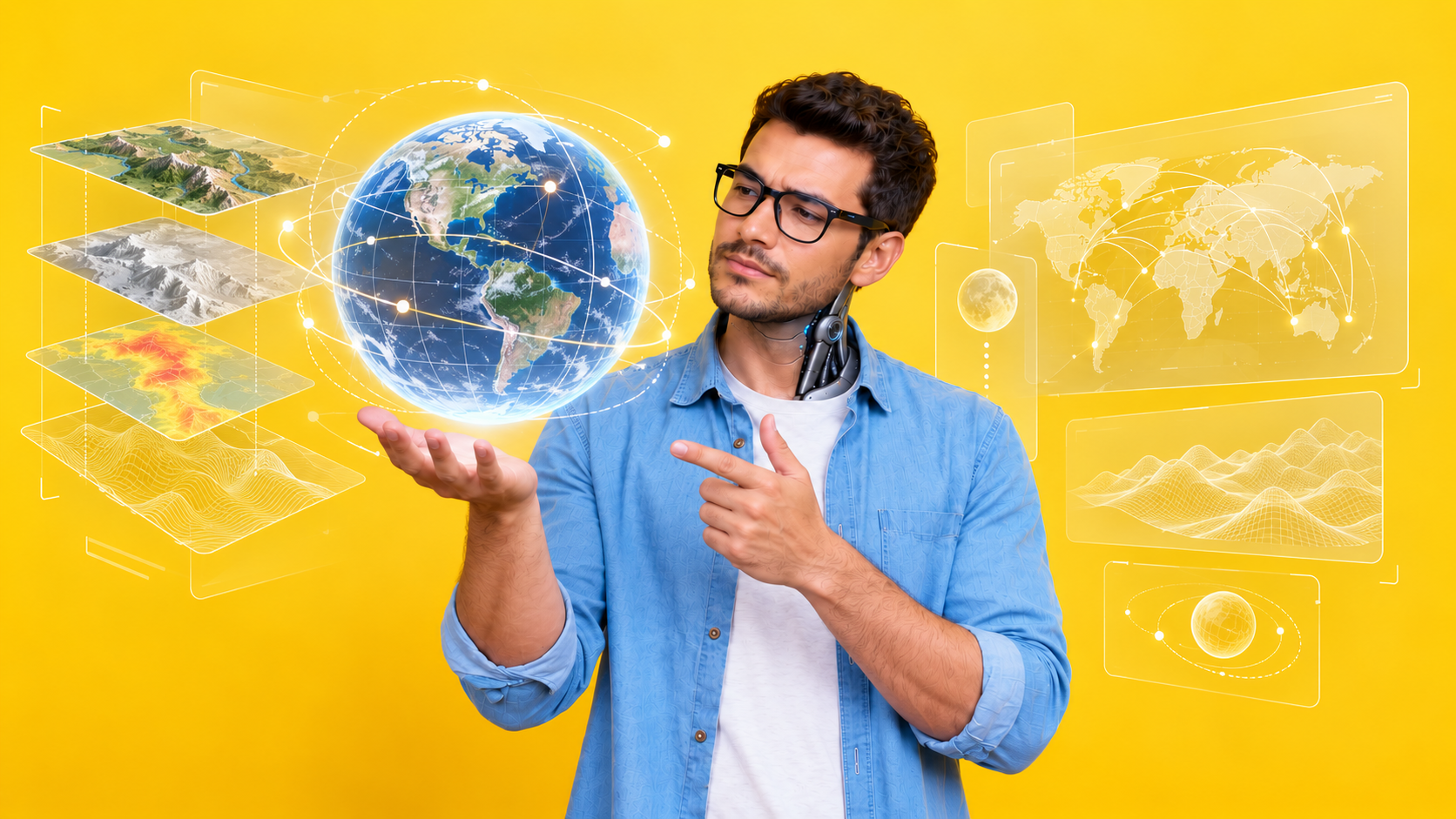 Homem com pescoço cibernético observa um globo holográfico cercado por mapas, trajetórias e diferentes camadas de representação do ambiente.