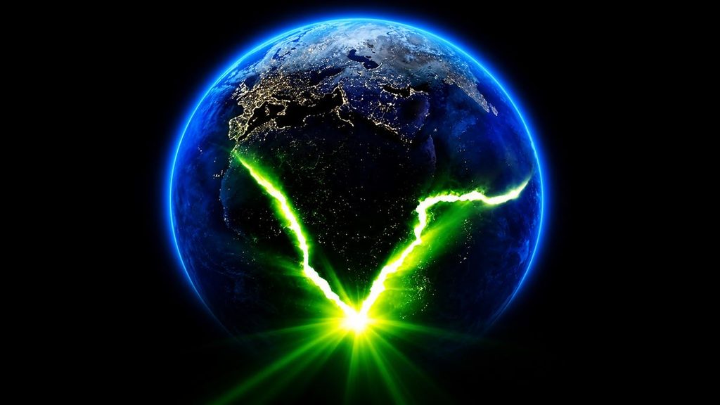 Planeta Terra visto do espaço, com um rastro de luz verde formando a silhueta de uma criatura alienígena sobre a superfície.