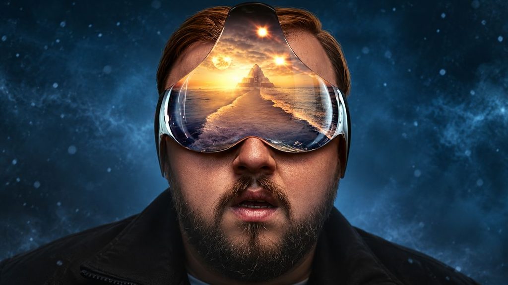 Jack Rooney usa um visor futurista que reflete um oceano dourado, uma construção distante e três astros luminosos.